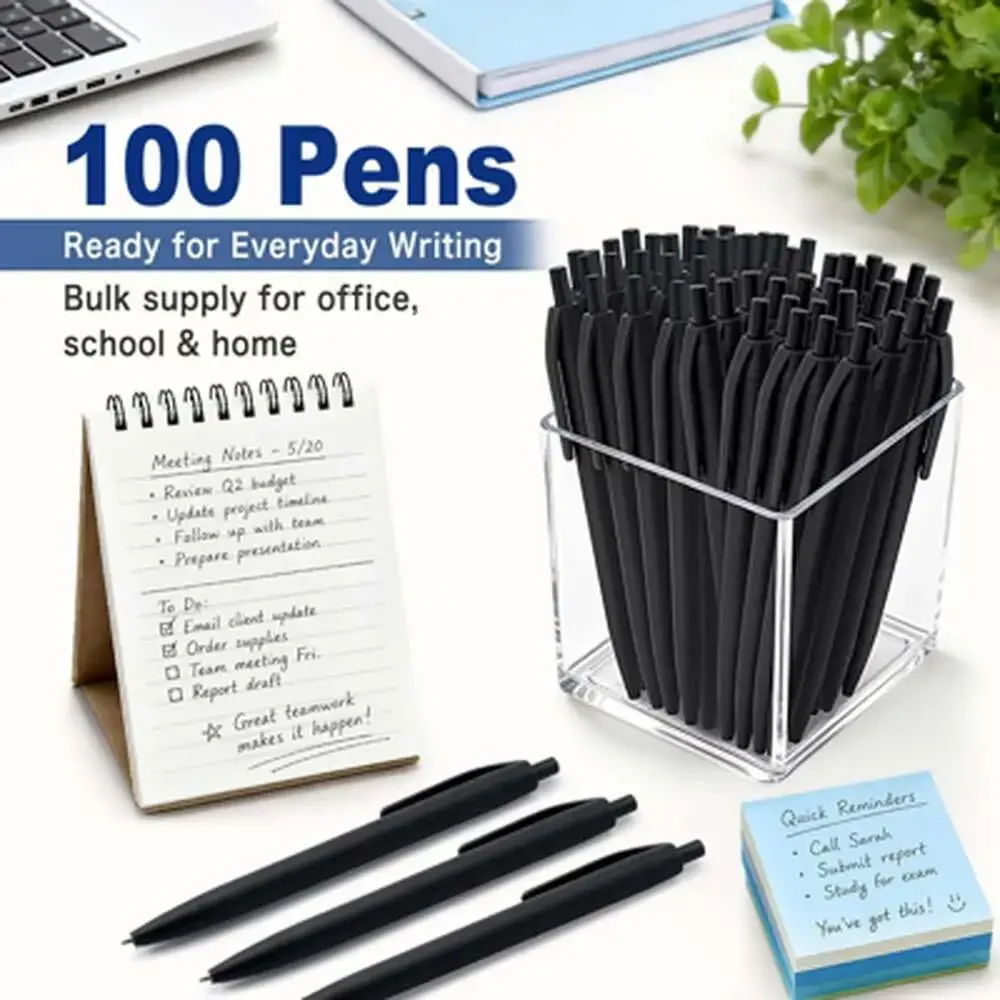 Ballpoint Pens Bulk 100 Count Black Retractable 1.0Mm Medium Point Quick-Drying